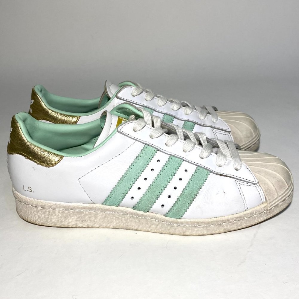 Adidas L.S. White/Gold/Mint 3 Stripes Sneakers Shoes Women's Size 7